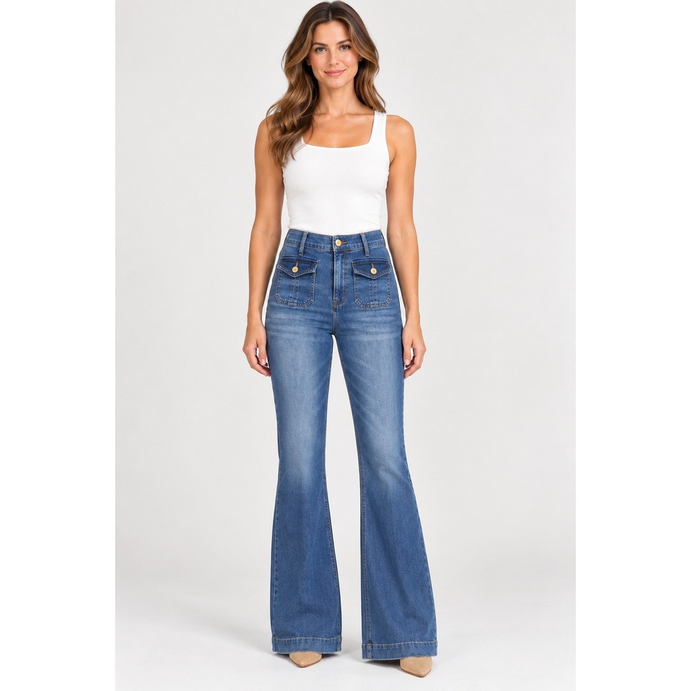 Nicole Miller Nomad Super High Rise Flare Jeans Womens 8 Blue Excellent Stretch